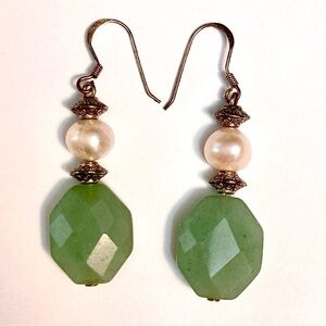 Chic Green Aventurine Stone and Pearl Drop Earrings with sterling silver